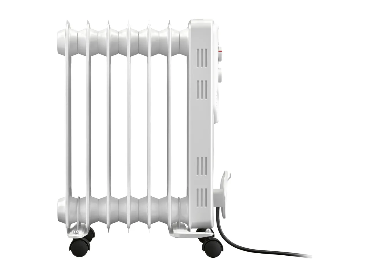 White oil-filled radiator on wheels with a power cord, side view.