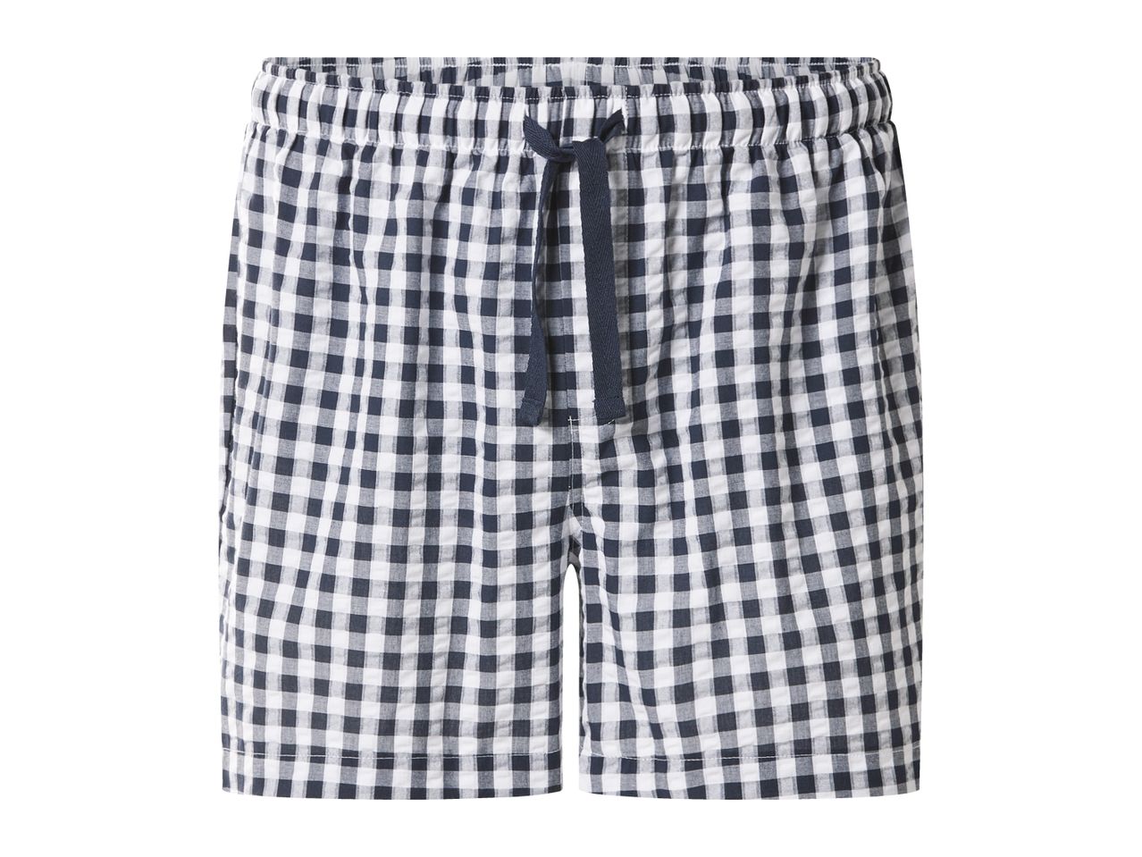 Men's blue and white checkered shorts with an elasticated waist and drawstring.