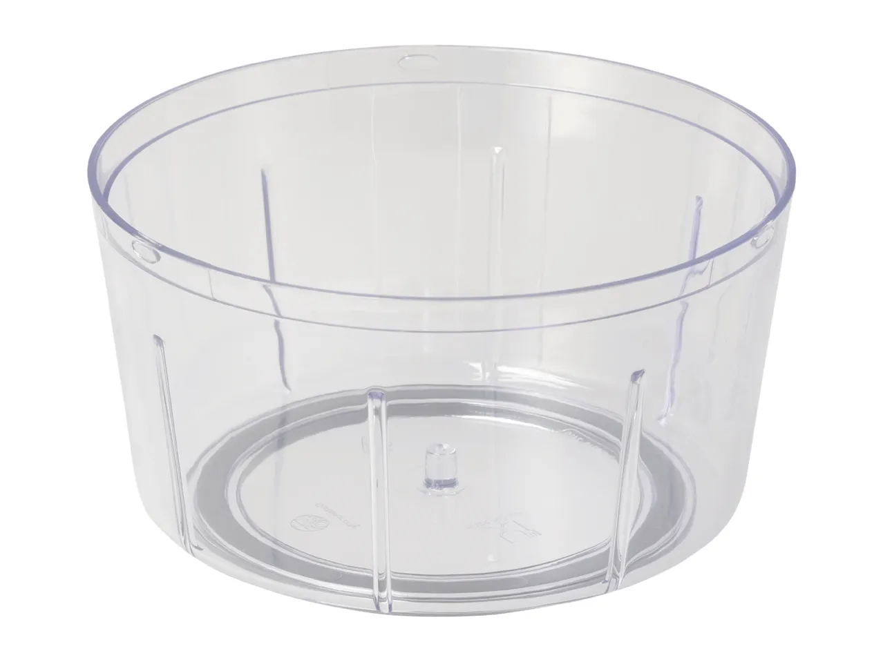 Clear plastic food processor bowl with a central spindle and internal ridges.