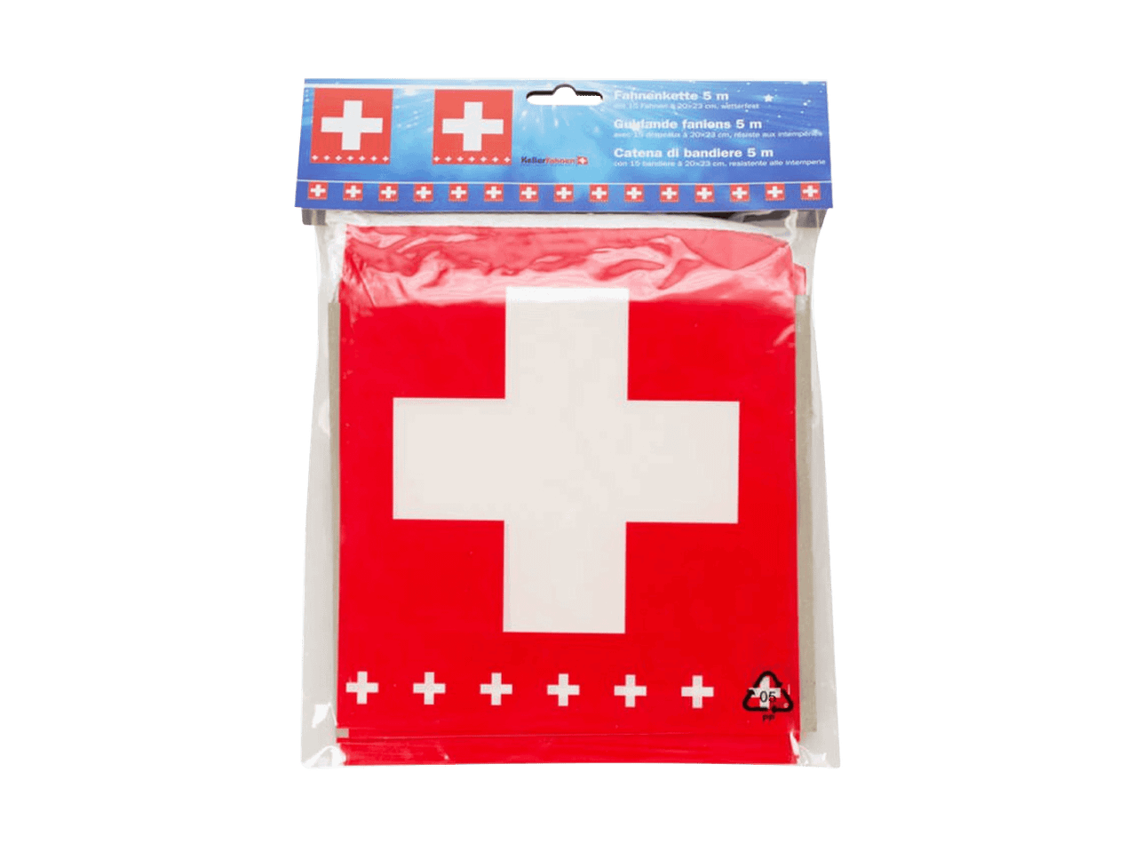 5 m lange Schweizer Flaggenkette mit 15 Flaggen von 20x23 cm, wetterfest.