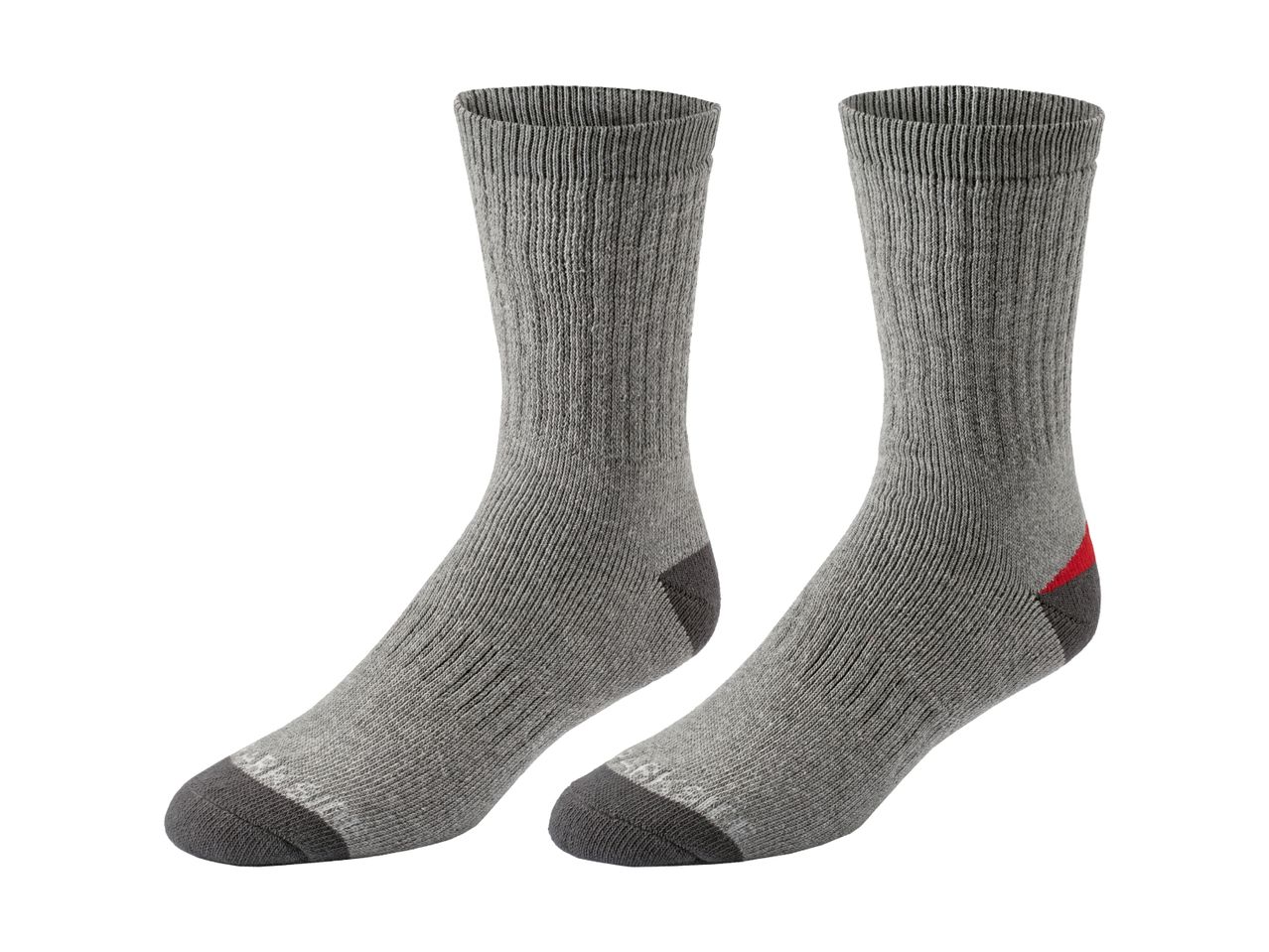 Pair of gray crew socks with dark gray toes and heels, one sock featuring a red stripe.