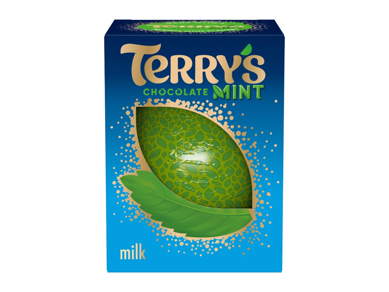 Blue box of chocolate mints with a green mint leaf design and gold accents.