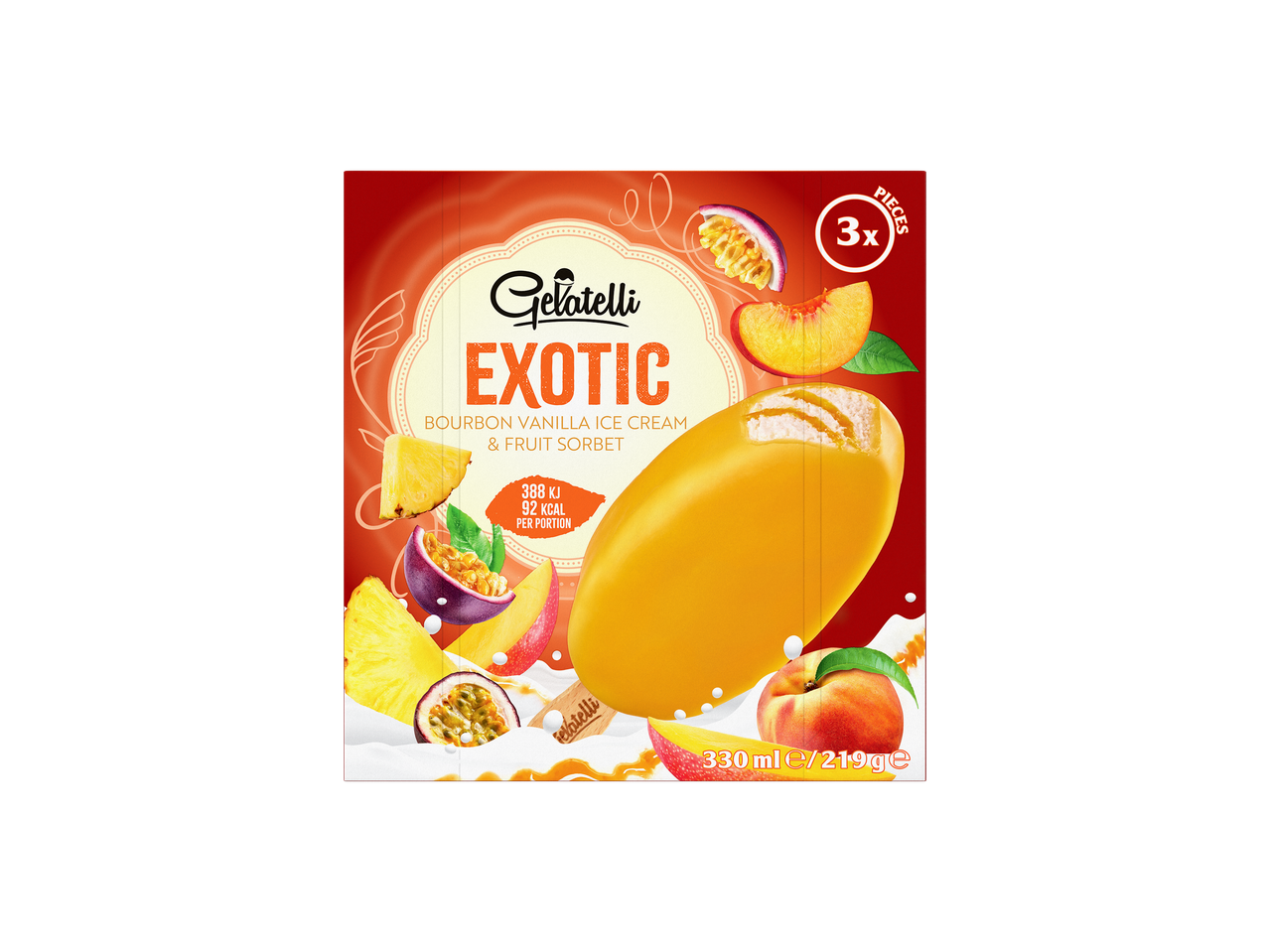 Gelatelli Exotic ijs met bourbon vanille en fruitsorbet, 3 stuks.