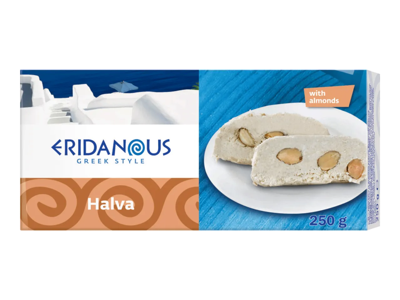 Pakovanje halve sa bademima, prikazano na tanjiru, sa grčkom temom u pozadini.