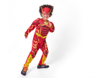 Child in a red Flash costume with yellow lightning bolt accents.