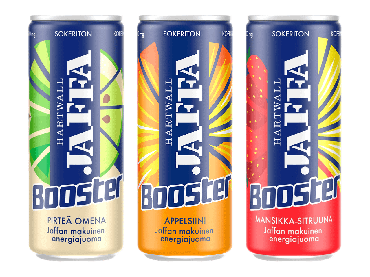 Kolme sokeritonta energiajuomatölkkiä: omena, appelsiini ja mansikka-sitruuna.