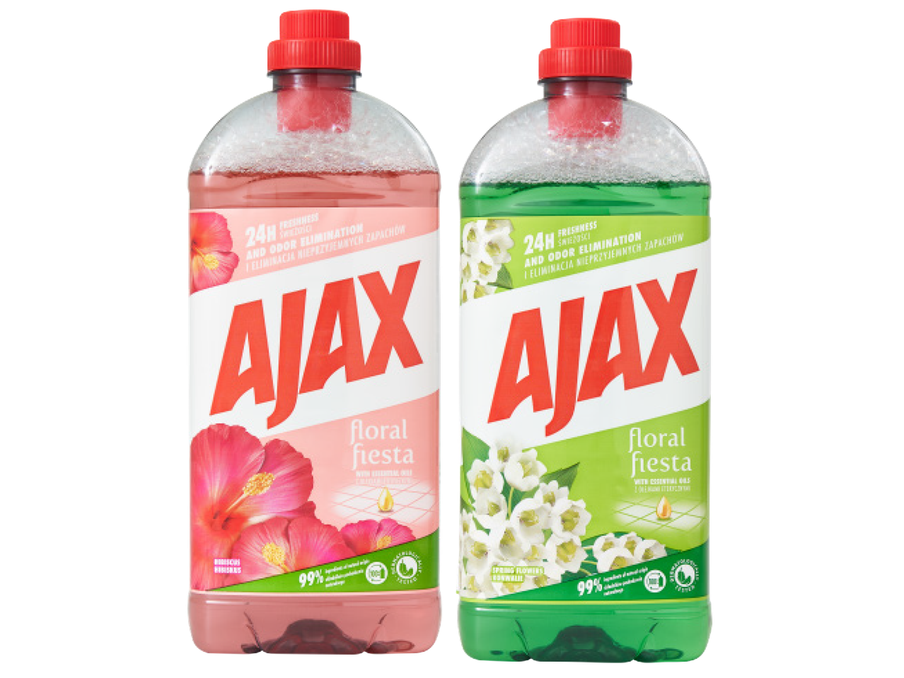 Divas Ajax Floral Fiesta grīdas mazgāšanas līdzekļa pudeles ar hibiska un jasmīna ziedu attēliem.