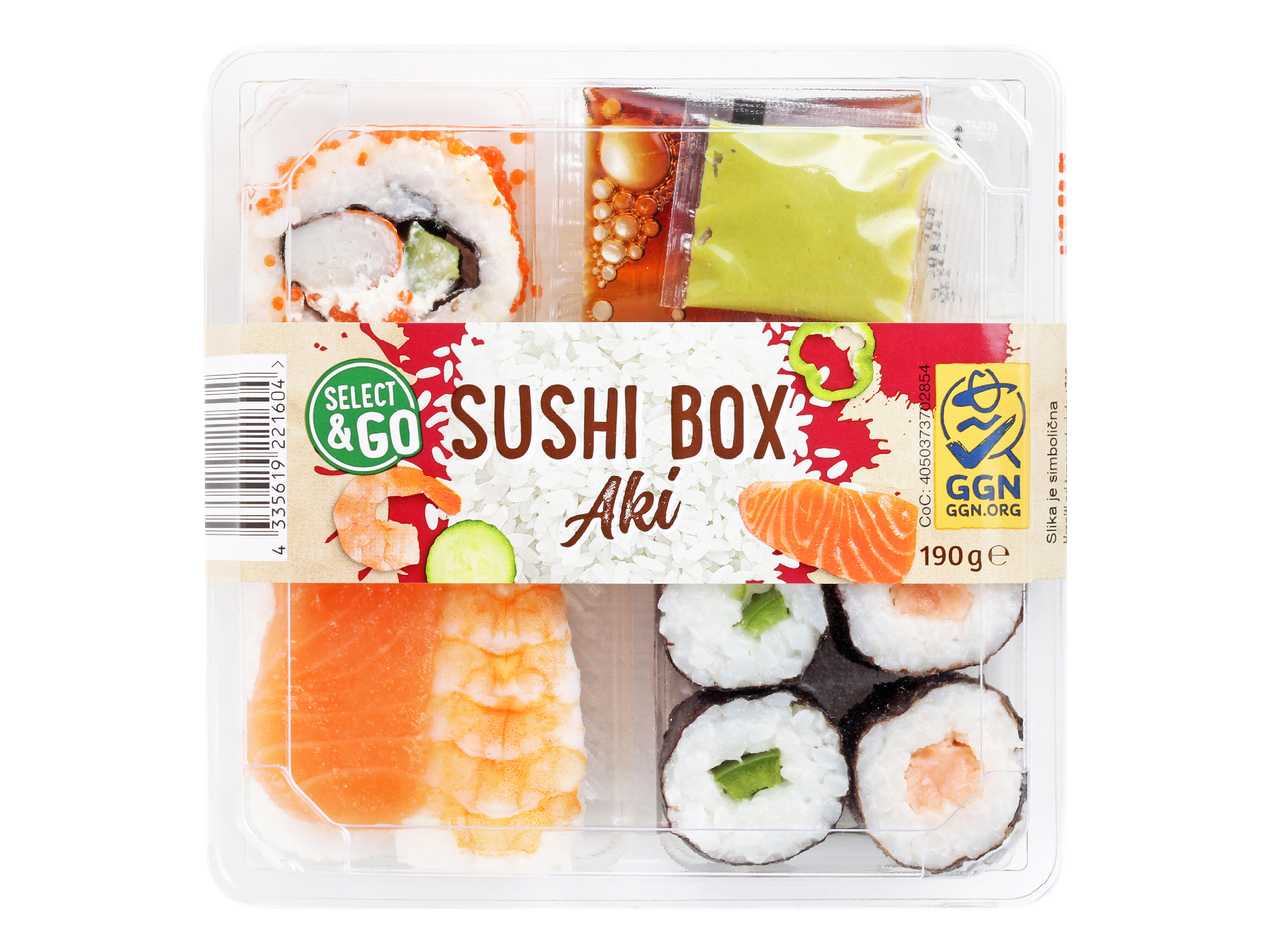 Škatla sušija z različnimi zvitki, lososom, kozicami in omakami, 190 g.