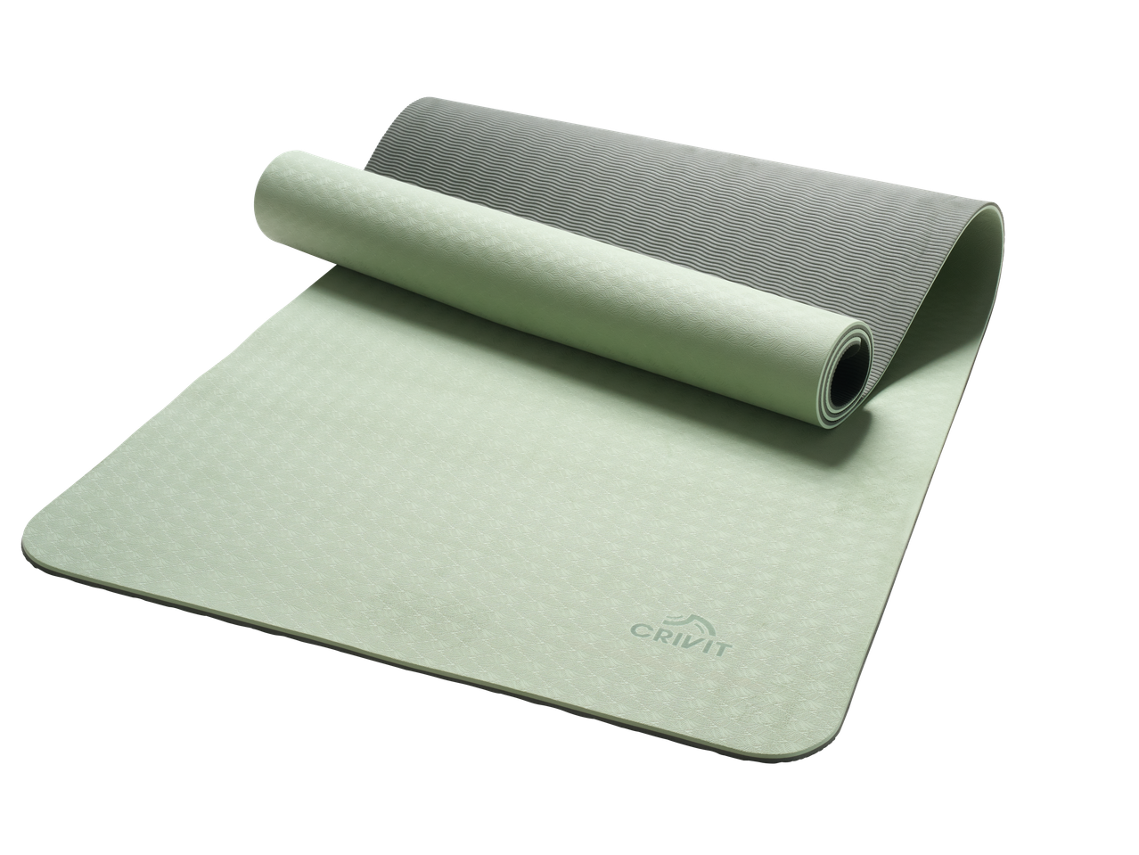 Light green yoga mat, partially rolled up, with a textured surface and a logo.