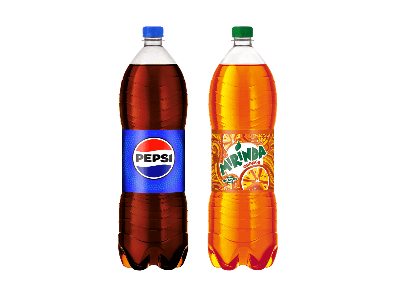 Pepsi und ein orangenes Erfrischungsgetränk in Plastikflaschen.