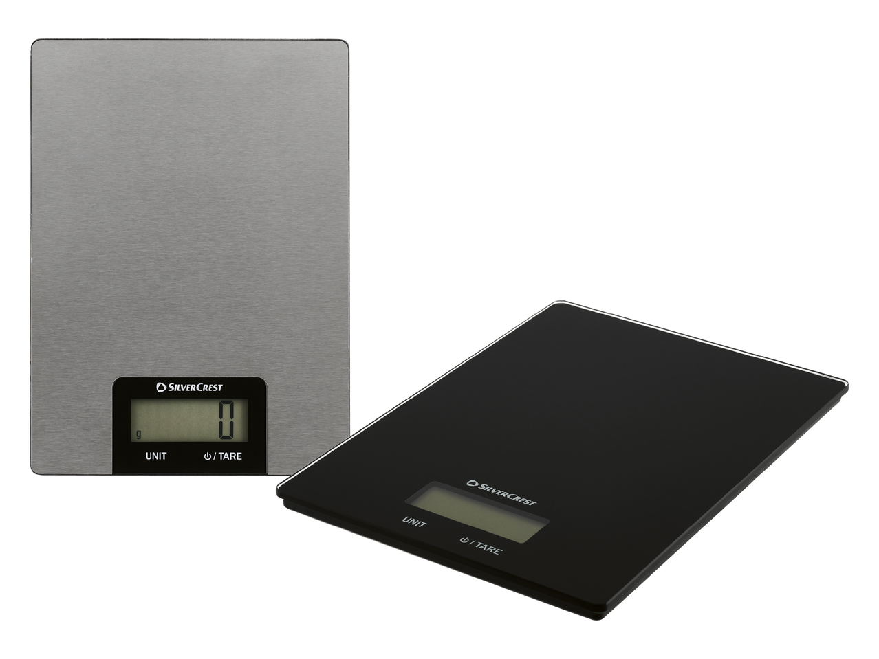 Dvije kuhinjske vage, jedna srebrna i jedna crna, s digitalnim zaslonima.