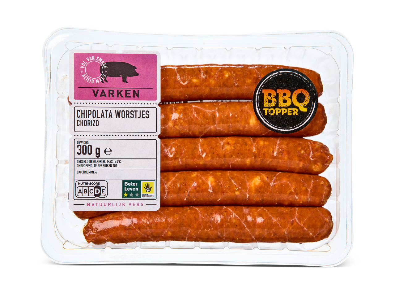 Verpakking met chipolata worstjes chorizo, 300g, met Nutri-Score D en Beter Leven keurmerk.