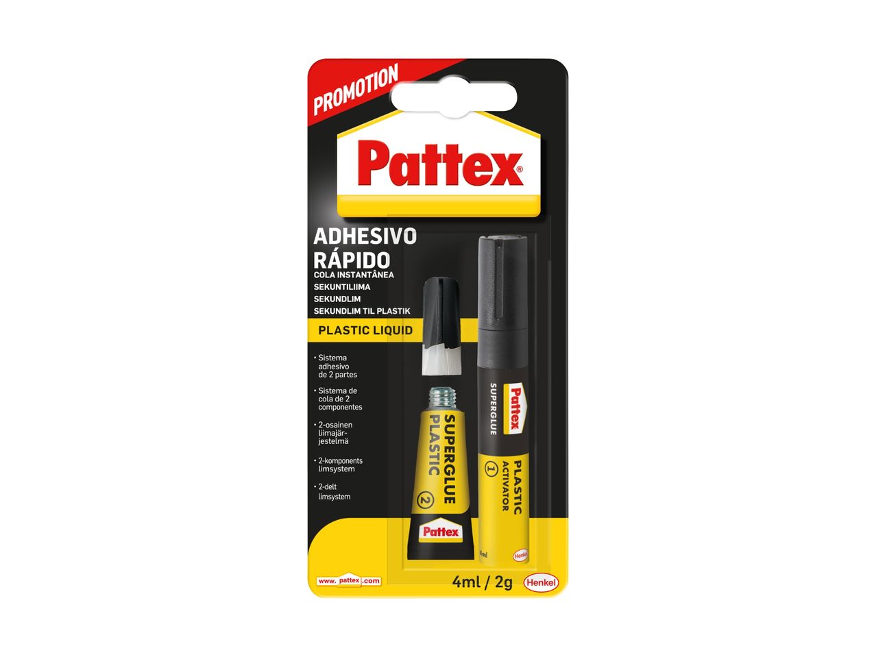 Pattex Plastic Liquid hurtighæftende lim med aktivator i 4 ml emballage.