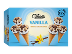Boîte de 12 mini cornets de glace à la vanille avec des gousses de vanille et une fleur.