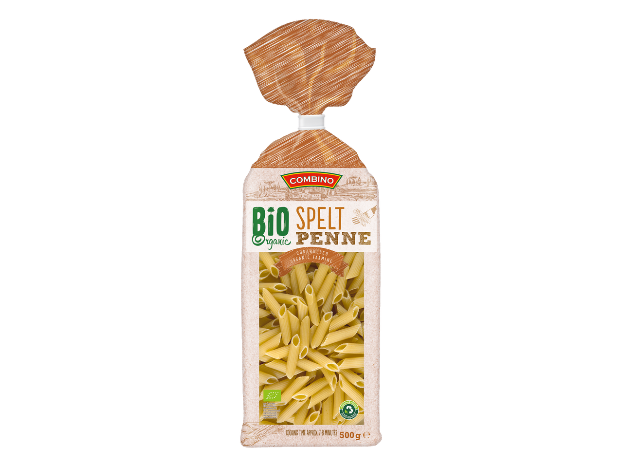 Combino biologische spelt penne pasta in een verpakking van 500g.