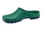 Green and blue garden clog with a textured surface and a wavy sole.