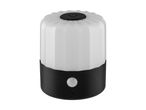 Hvid og sort LED-natlampe med bevægelsessensor og rillet top.