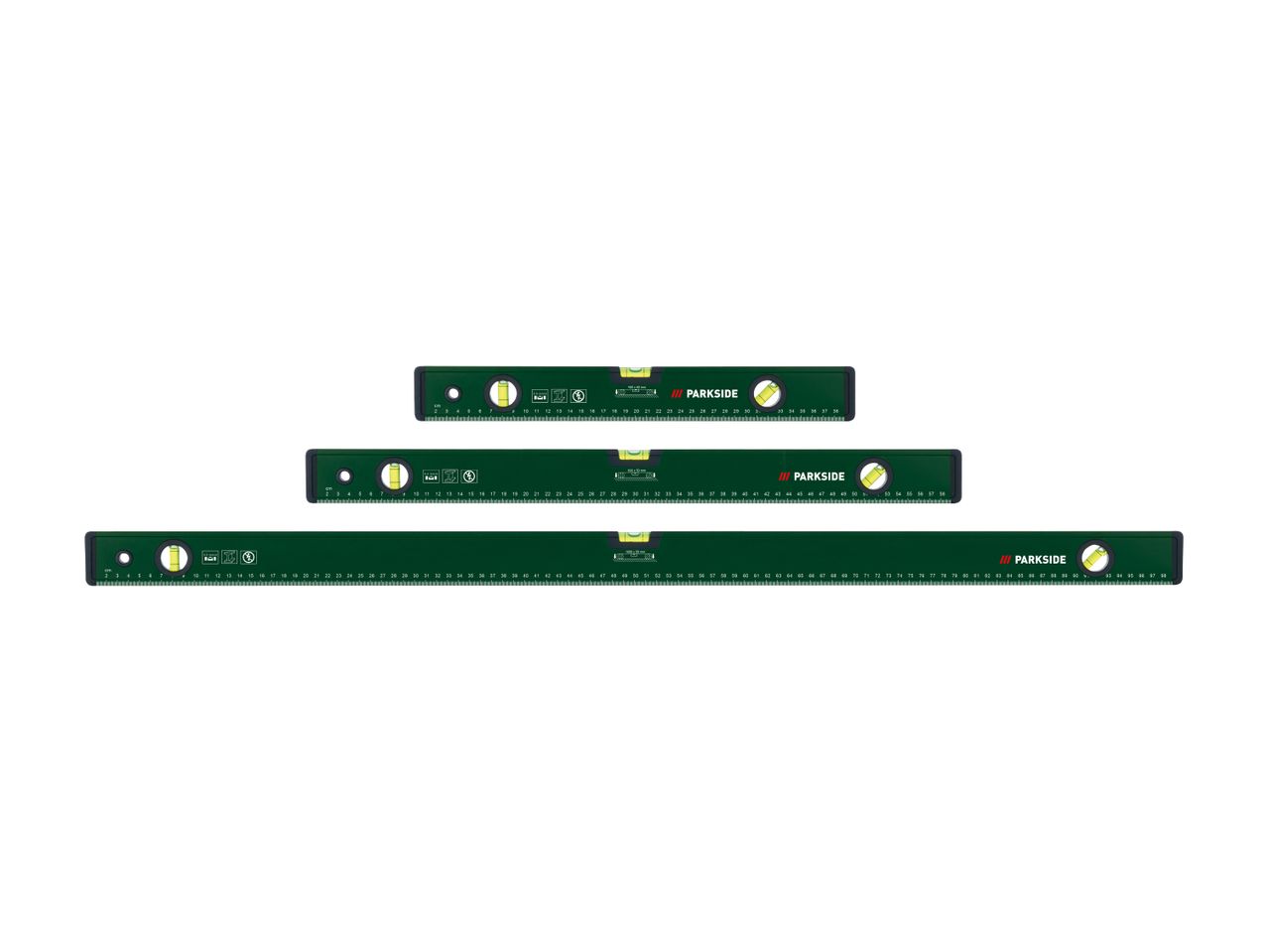 Three green spirit levels of varying lengths, with rulers and bubble vials.