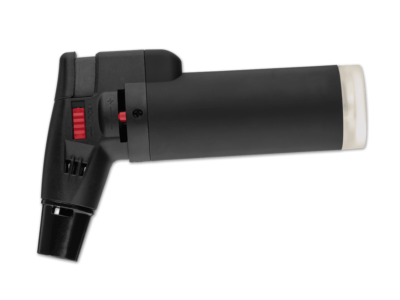 Schwarzer Gasbrenner mit rotem Schieberegler und silberner Spitze