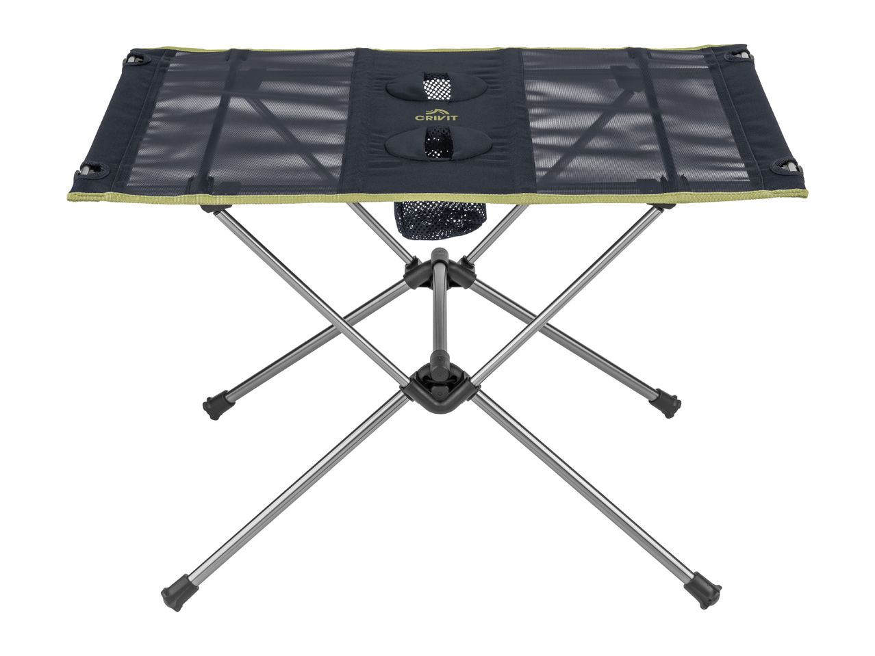 Portable camping table with a black mesh top, two cup holders, and a collapsible metal frame.