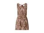 Brun og beige mønstret jumpsuit med bindebånd i nakken og elastik i taljen.