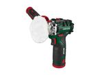 Cordless polisher with a white polishing pad and an auxiliary handle