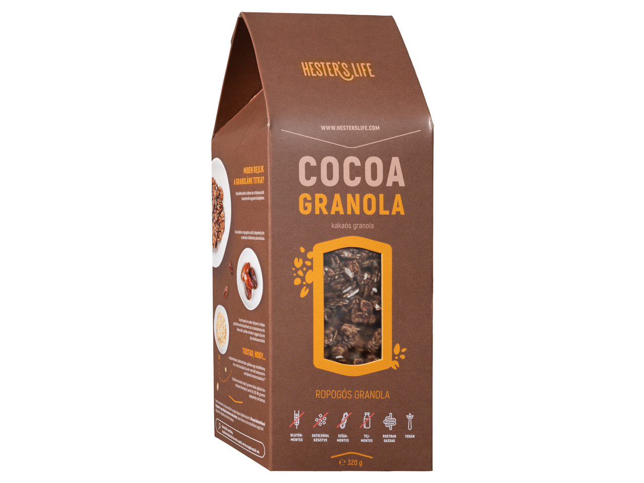 Hester's Life kakaós granola, 320g-os csomagolásban, glutén-, szója- és tejmentes, vegán.
