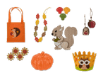 Eine Sammlung von Herbst- und Halloween-Dekorationen, darunter eine Tasche, Blättergirlande, Pilze, Eichhörnchen, Igel, Äpfel, Sonnenblumen, Kürbis und Eule.