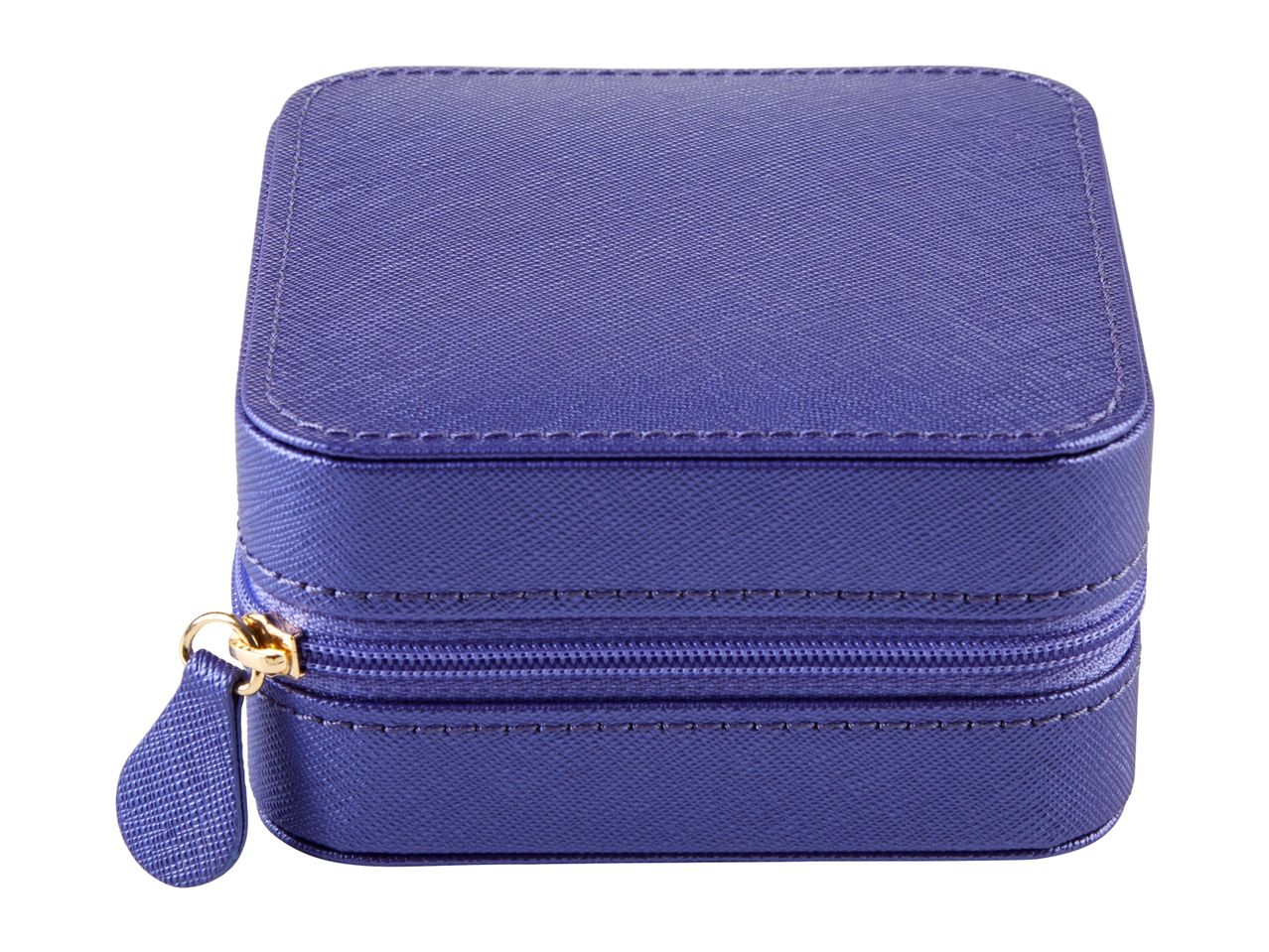 A small, purple, two-tiered jewelry box with a zipper closure.