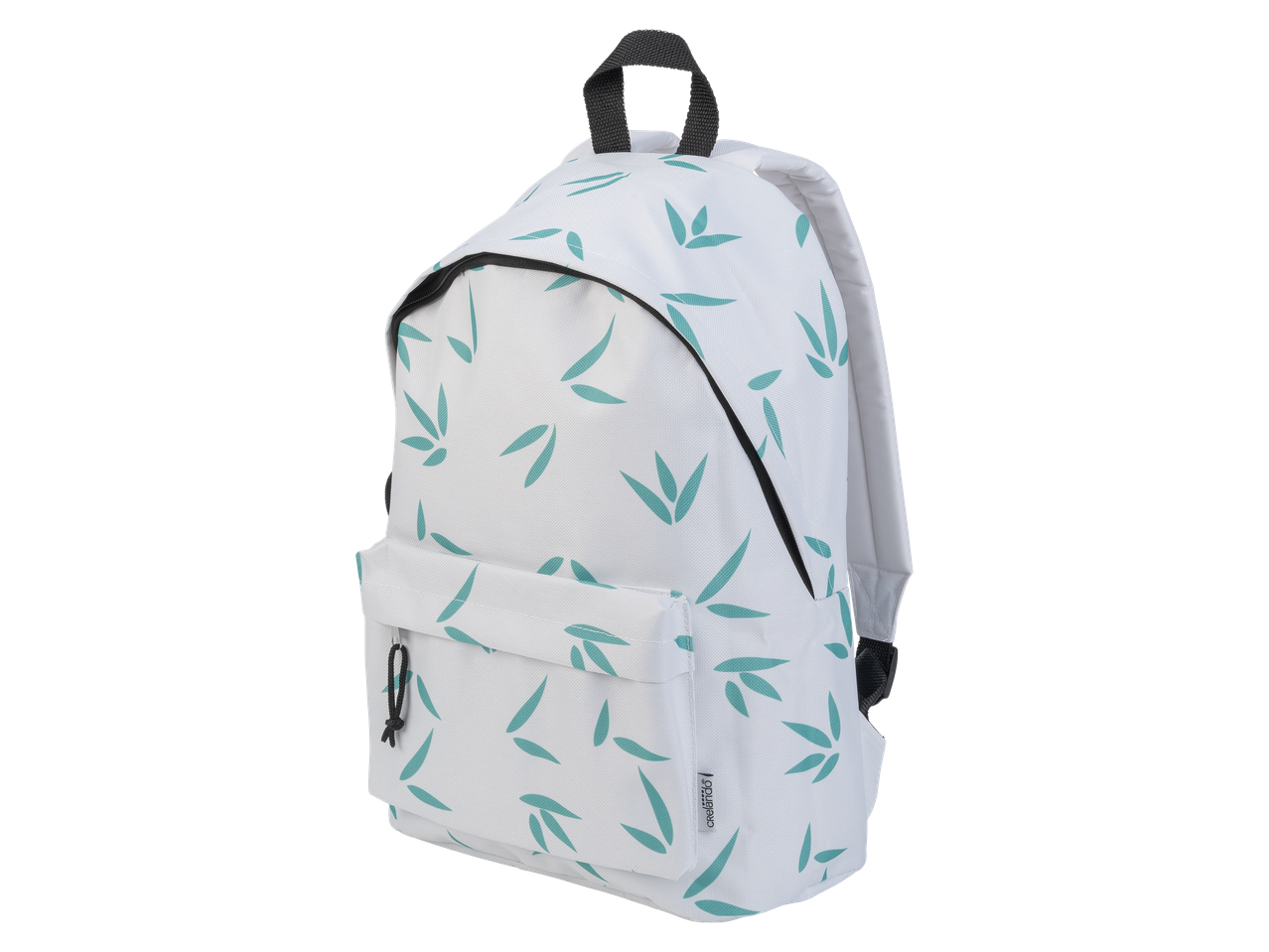 Sac à dos blanc avec un motif de feuilles turquoise, vue de côté.