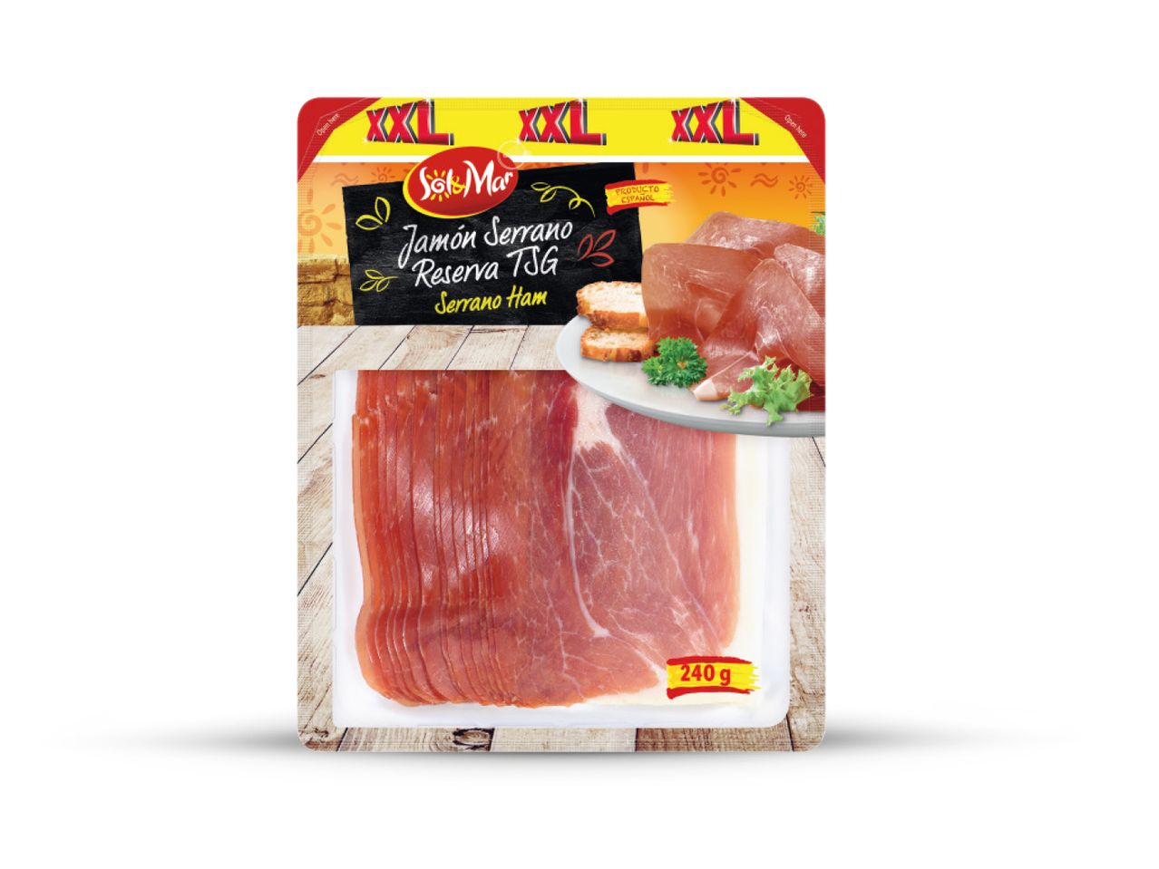 Pakiranje Sol y Mar XXL šunke Serrano Reserva TSG (240 g).