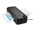 Black laminator with two sheets of paper, one with a bar chart and one with a line graph.