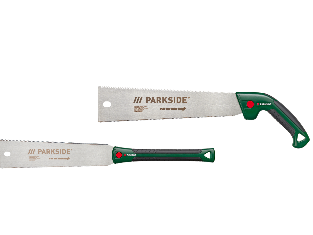 Två Parksid-sågar, en med böjt handtag och en med rakt handtag.