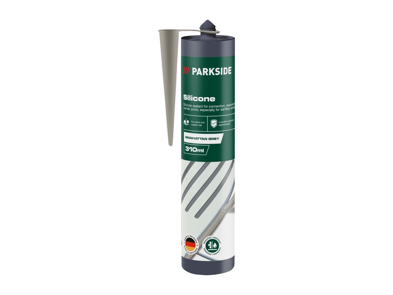 Silicone sealant in Manhattan Grey, 310ml, for indoor and outdoor use, weather-resistant.