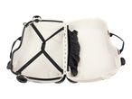 Open white children's ride-on suitcase with black straps and a black fabric pocket.