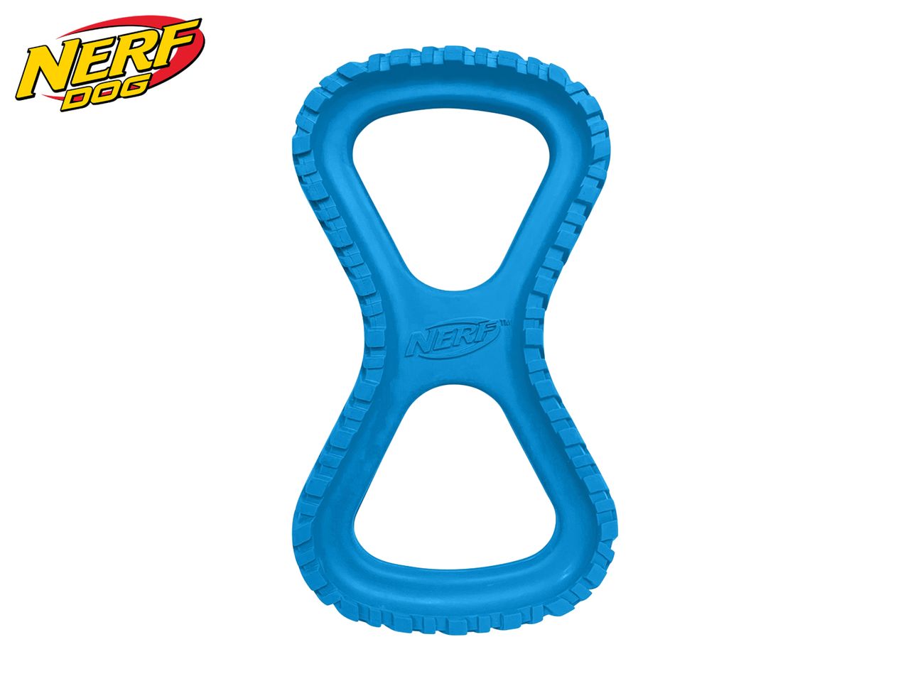 Nerf Dog's blue, tire-tread textured, figure-eight shaped dog toy.