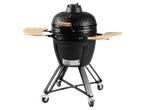 Grelhador cerâmico GRILLMEISTER preto com termómetro e mesas laterais de madeira, em suporte com rodas.