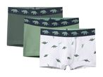 Three pairs of boys' dinosaur-themed boxer briefs in green and white.