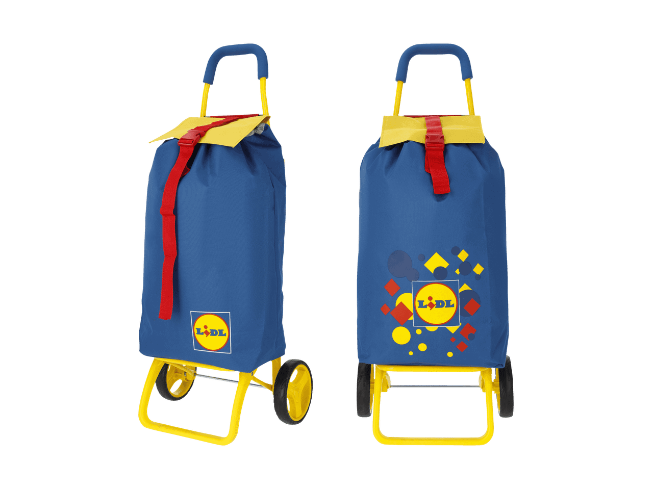 Deux chariots de courses bleus avec des accents jaunes et rouges, l'un avec un motif géométrique.