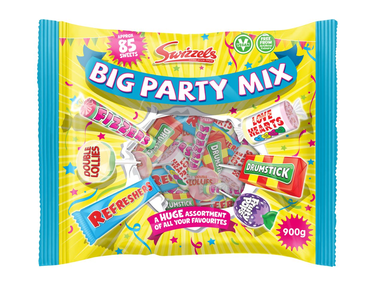 A 900g bag of assorted party sweets, including lollipops, chews, and fizzy rolls.