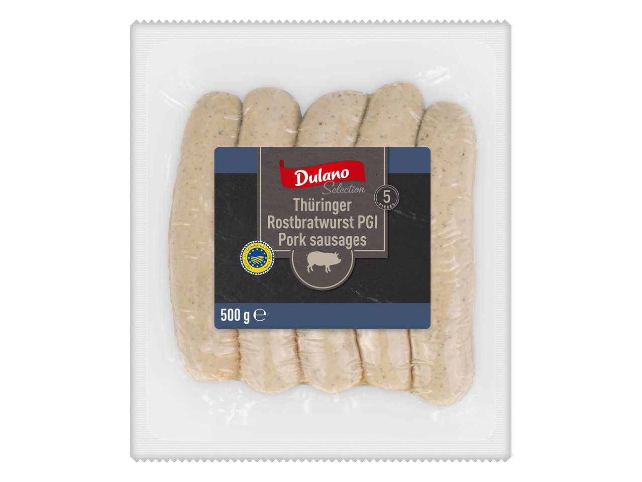 Dulano Thüringer Rostbratwurst PGI, 5 cârnați de porc, ambalaj de 500 g