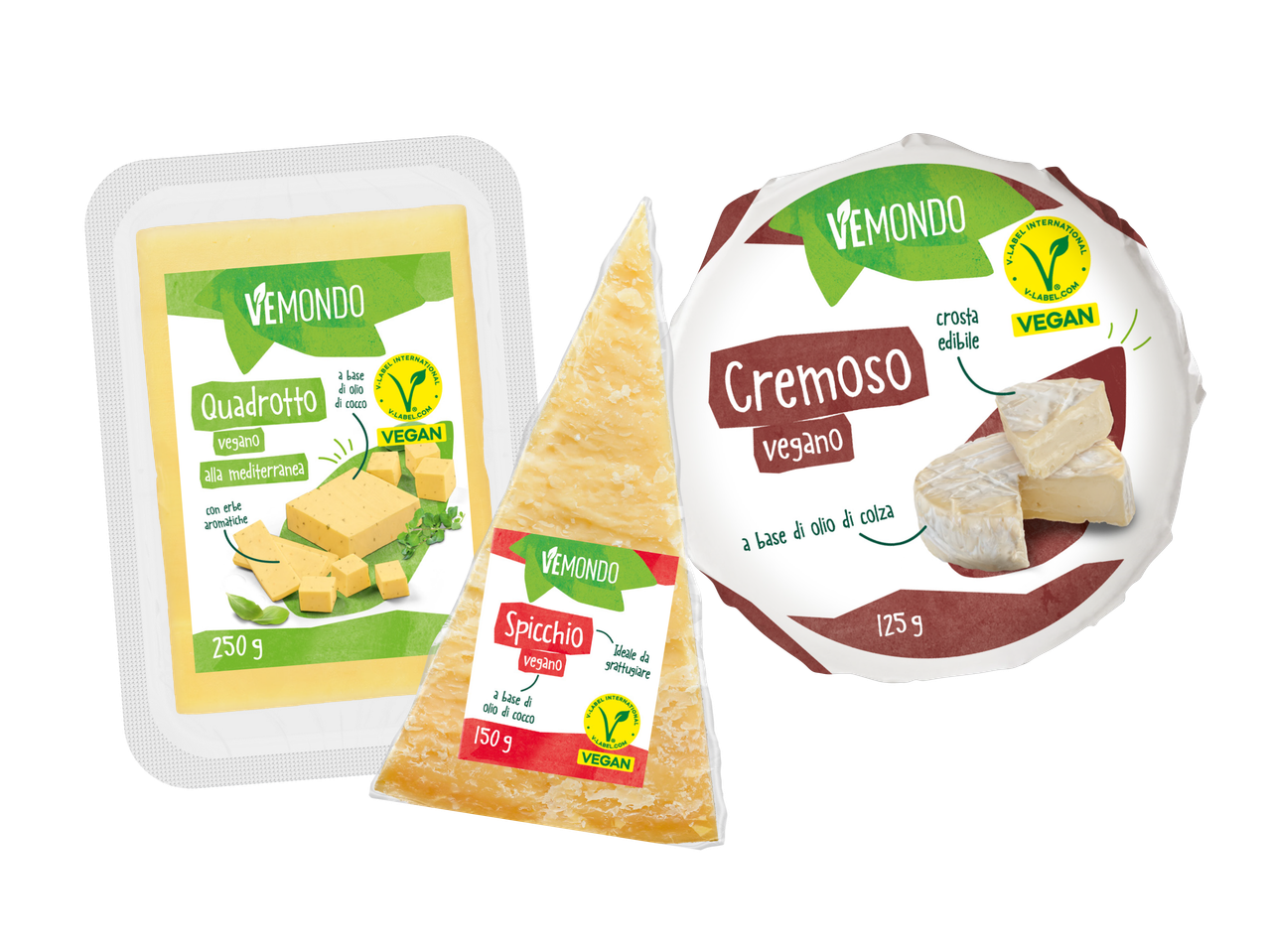 Three VEMOND vegan cheese alternatives: Quadrotto, Spicchio, and Cremoso.