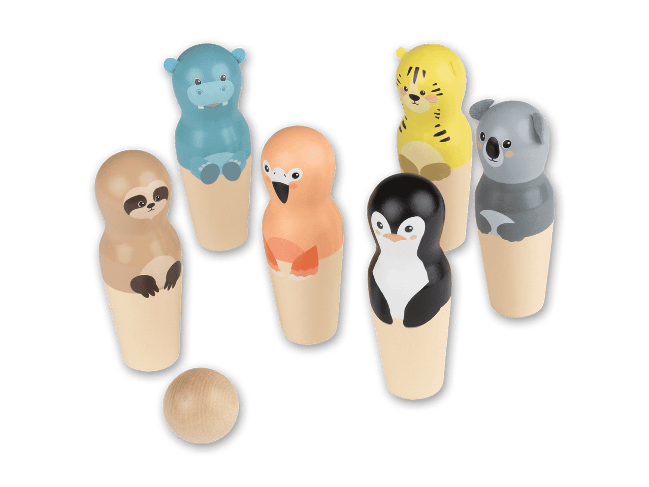 Tier-Kegelspiel mit Faultier, Nilpferd, Flamingo, Pinguin, Tiger und Koala sowie einer Holzkugel.