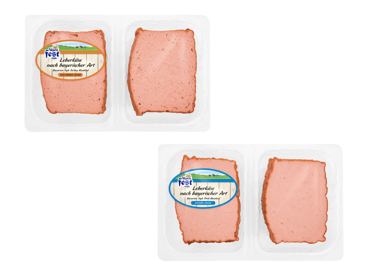 Kaksi pakkausta bayerilaista lihamureketta, toinen kalkkunasta ja toinen porsaasta, viipaloituna.