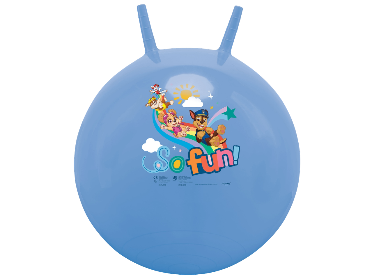 JOHN® šokinėjimo kamuolys su „Paw Patrol“ dizainu ir tekstu „So fun!“.