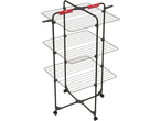 Black three-tier clothes drying rack with red accents and wheels.