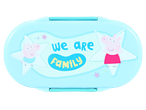 Light blue Peppa Pig lunchbox with 'we are FAMILY' text and character illustrations.