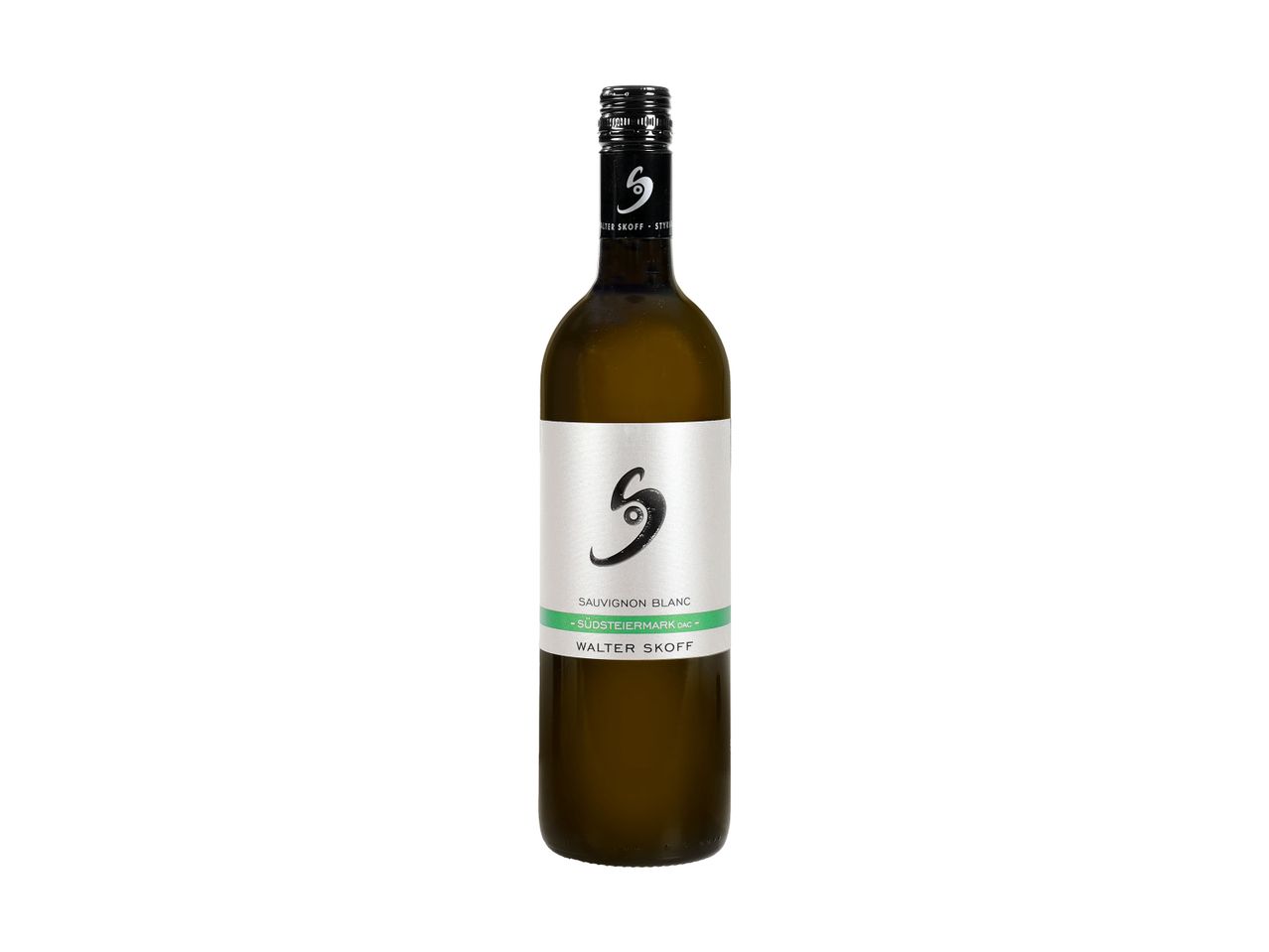 Eine Flasche Walter Skoff Sauvignon Blanc Wein auf weißem Hintergrund.