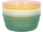 Stack of colorful plastic bowls in pink, yellow, cream, light blue, and green