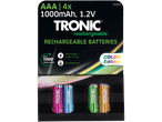 TRONIC AAA oplaadbare batterijen, 4 stuks, 1000mAh, 1.2V, in verschillende kleuren